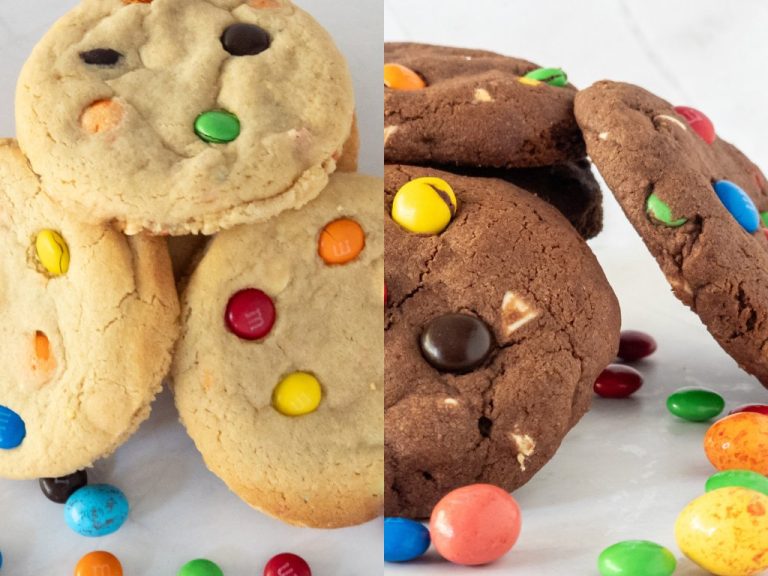 Two varieties of M&M's cookies side by side: soft vanilla cookies with white chocolate and colourful M&M's, and rich chocolate cookies with M&M's and white chocolate pieces.