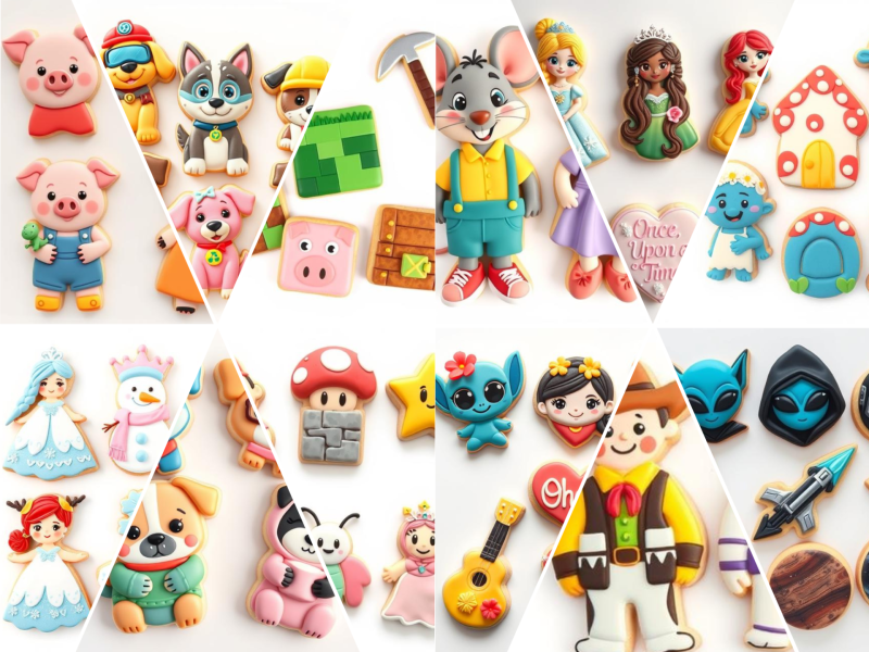 Assorted character and themed cookies for kids’ parties and birthday events