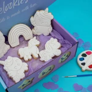 Unicorn DIY cookies packed in Delookies gift box with palette and brush