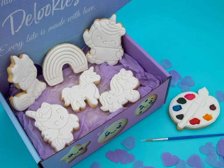 Unicorn DIY cookies packed in Delookies gift box with palette and brush