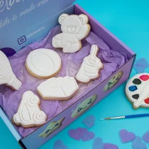DIY toy cookies packed in Delookies box with palette and brush