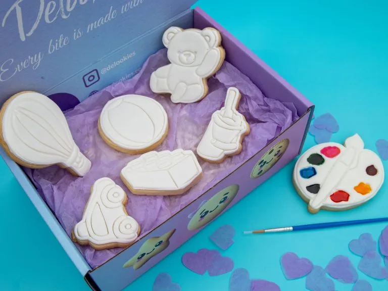 DIY toy cookies packed in Delookies box with palette and brush