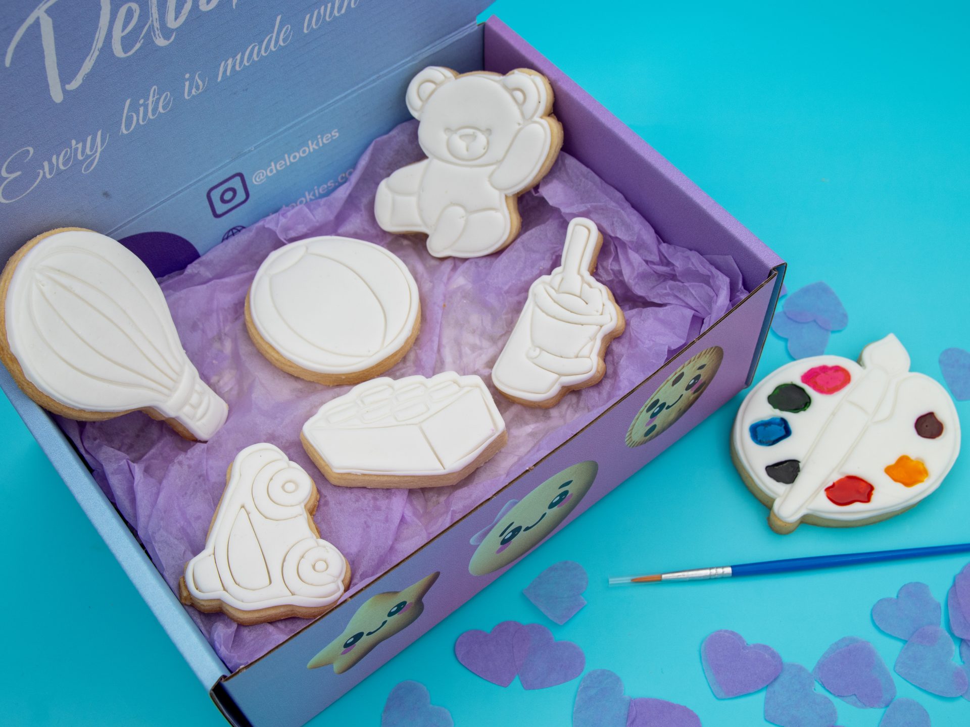 DIY toy cookies packed in Delookies box with palette and brush