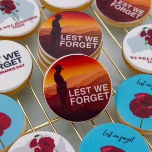 emembrance cookies styled with poppies and Australian flag for Anzac tribute