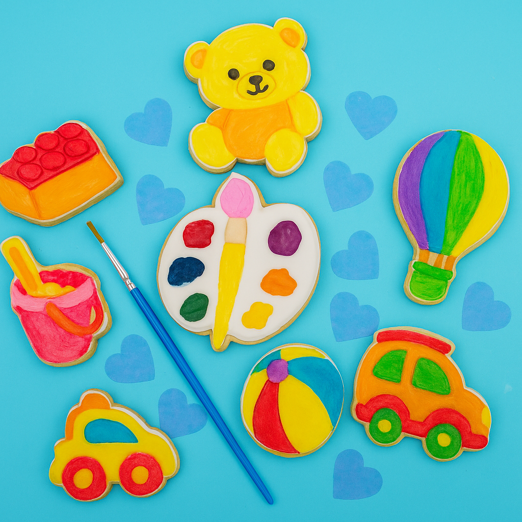 Painted toy-themed DIY cookies with teddy bear, car, lego block, balloon, beach ball, and bucket, with original colour palette