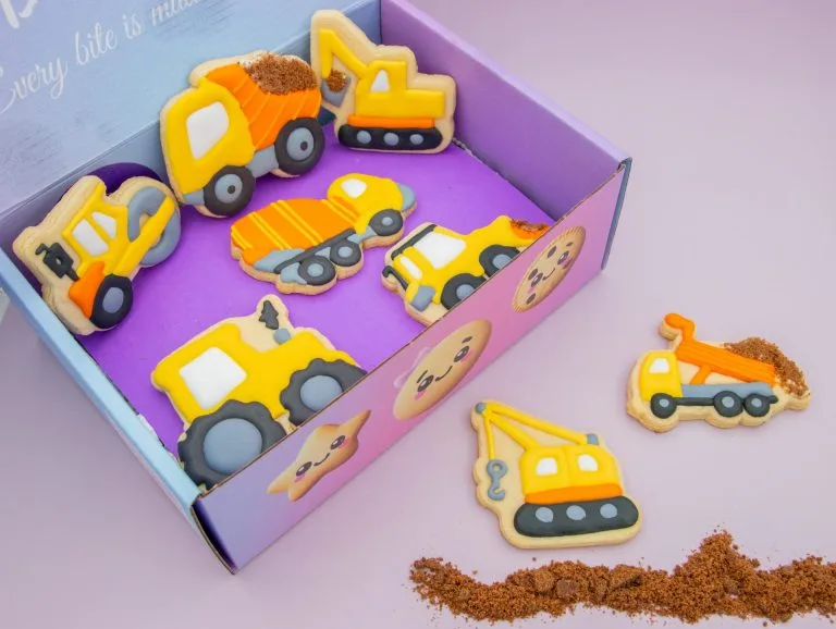 boxed construction cookie pack with individually wrapped vehicle designs