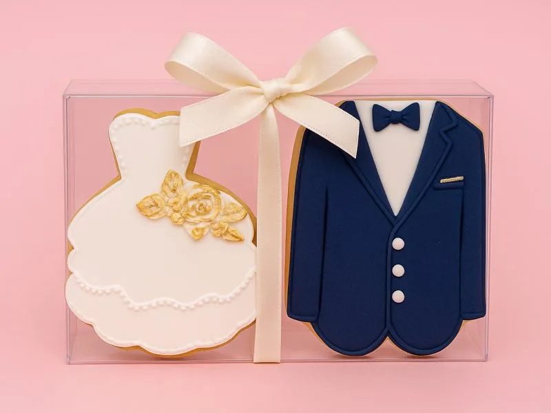 bride and groom fondant cookies in clear gift box with ribbon