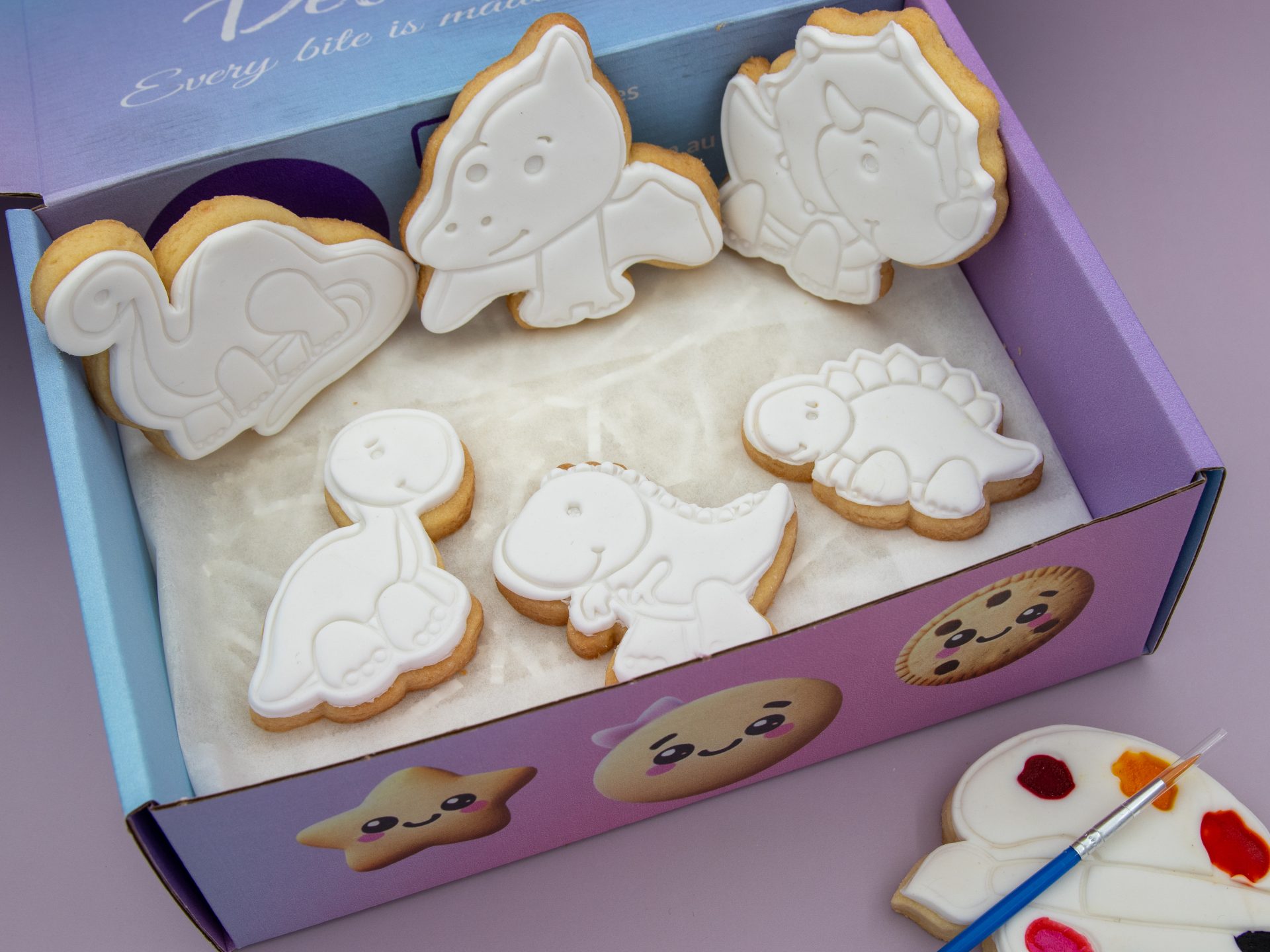 dinosaur PYO cookies inside Delookies gift box