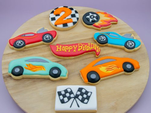 Hot Rides & Wheels Cookies styled with birthday decorations
