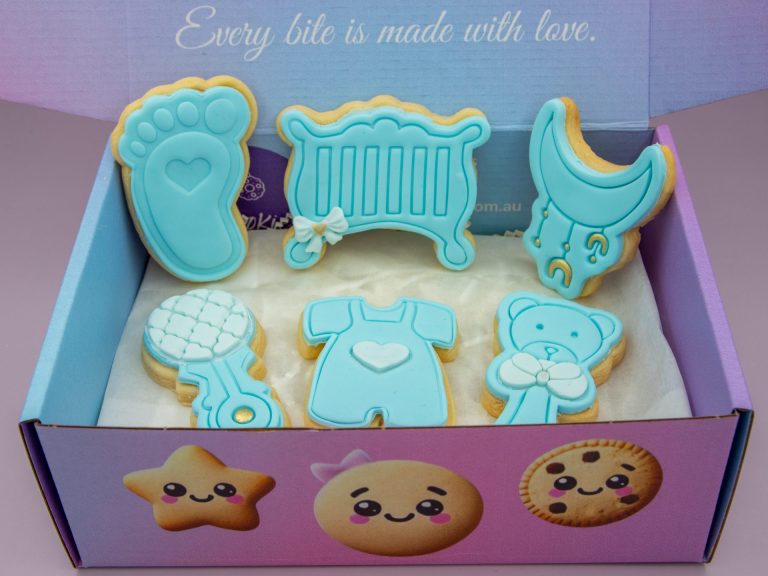 Delookies gift box with It’s a Boy Baby Shower Cookies in pastel blue