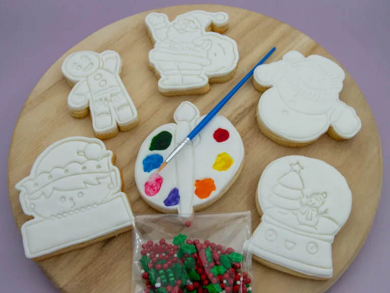 Christmas DIY cookie kit styled with brush and sprinkles for holiday activity