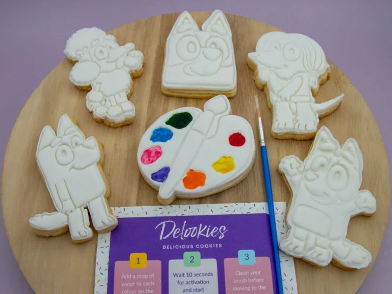 Bluey DIY fondant cookie kit with edible paint palette styled for kids activity