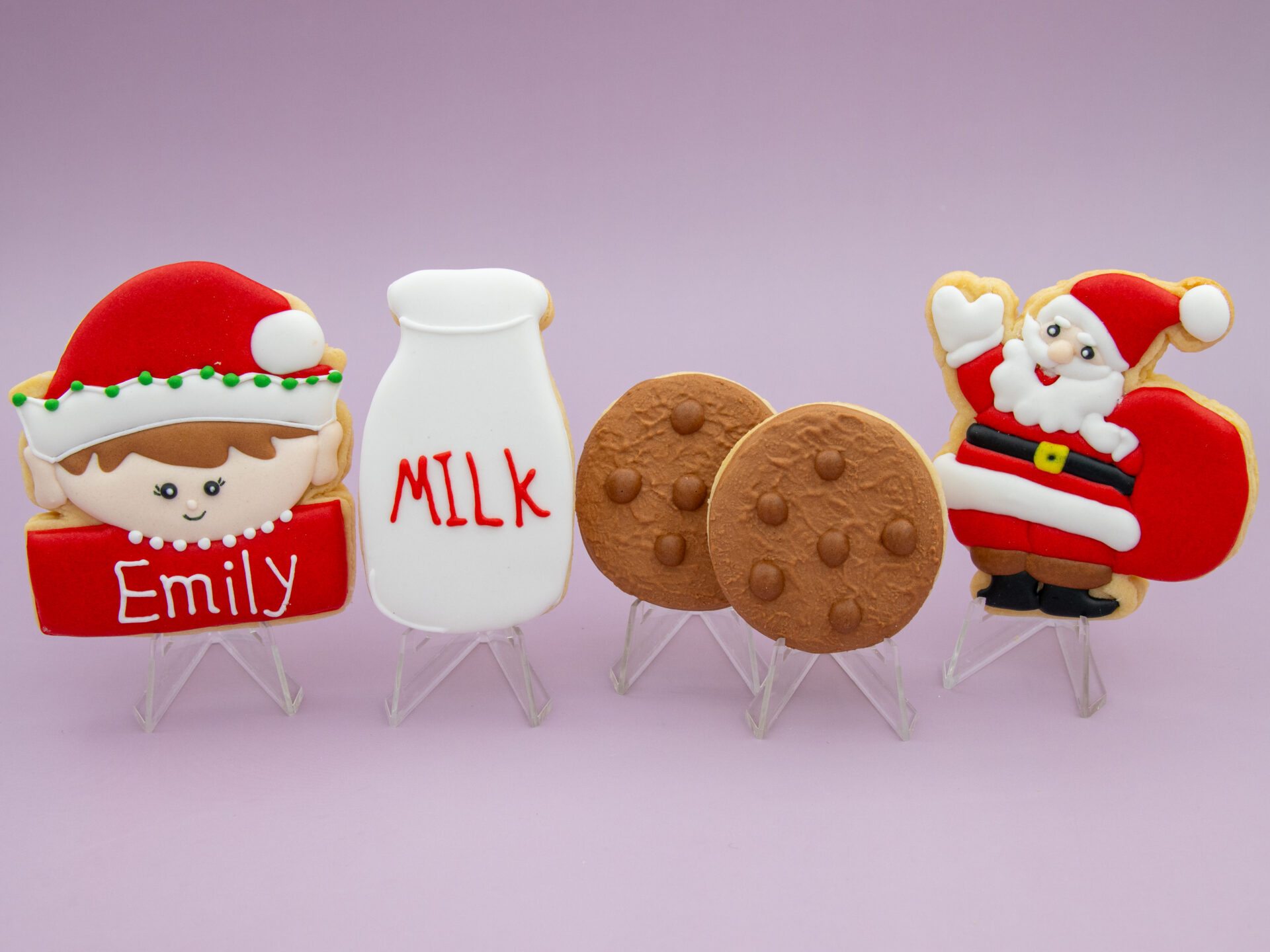 Santa’s Night Snack Cookies standing upright with festive designs
