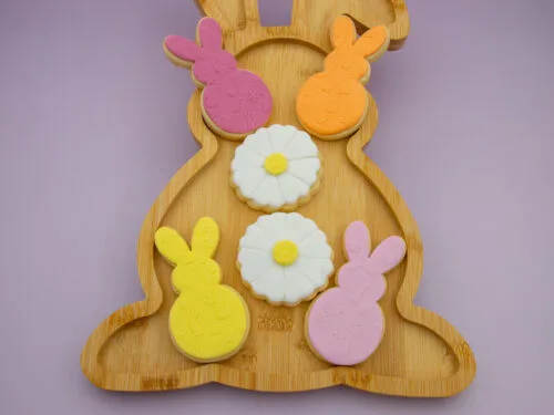Pastel Bunny & Daisy Easter Cookies styled for Easter gifting with pastel fondant bunny and daisy designs