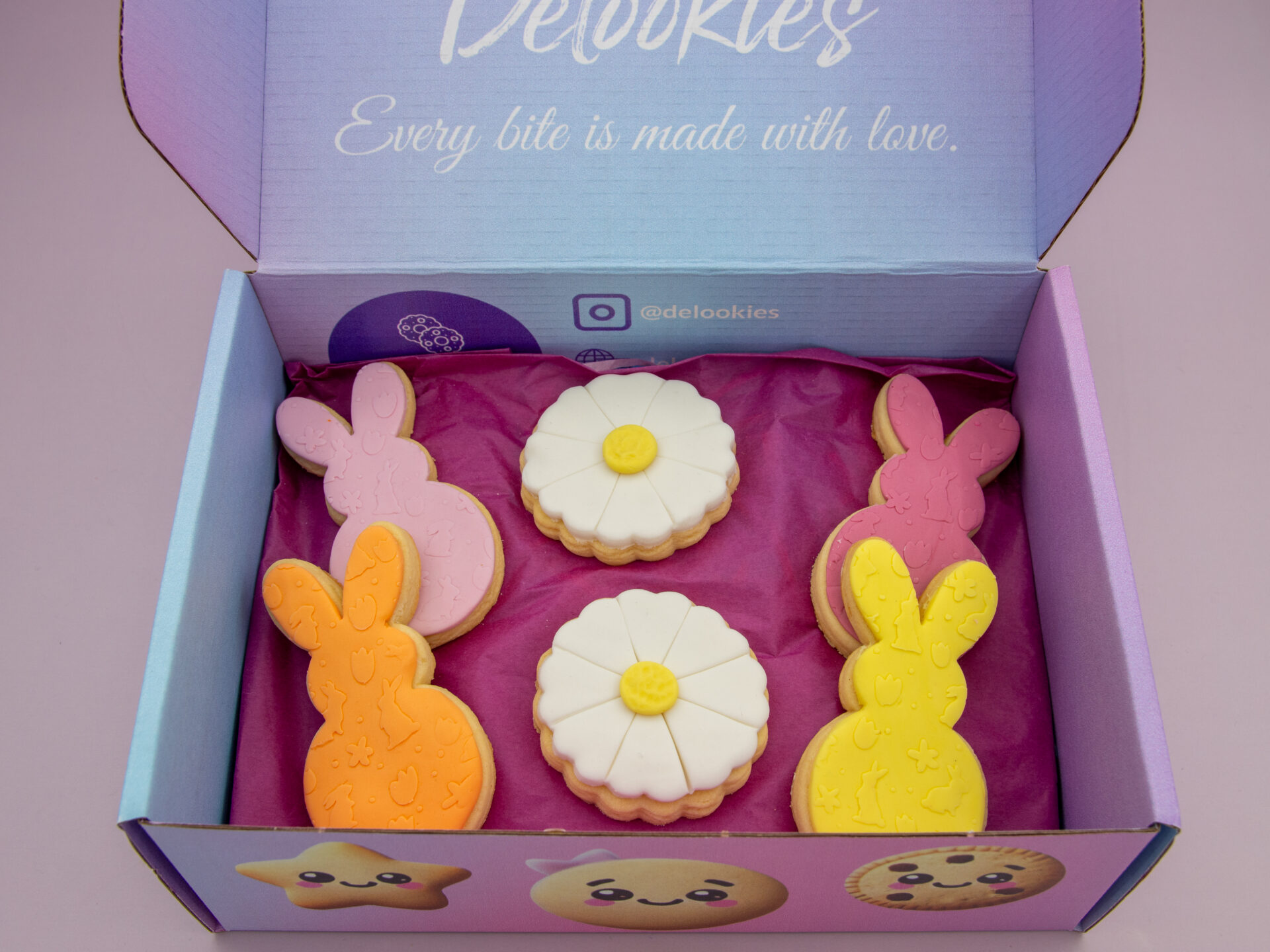 Pastel Bunny & Daisy Easter Cookies in Delookies packaging ready for Easter gifting