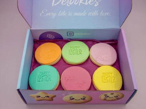 Happy Easter Message Cookies in Delookies packaging ready for Easter gifting