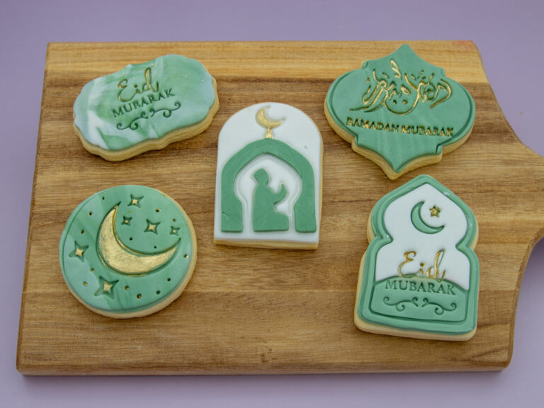 Ramadan & Eid Cookies styled for gifting with fondant crescent moon mosque and Eid Mubarak designs