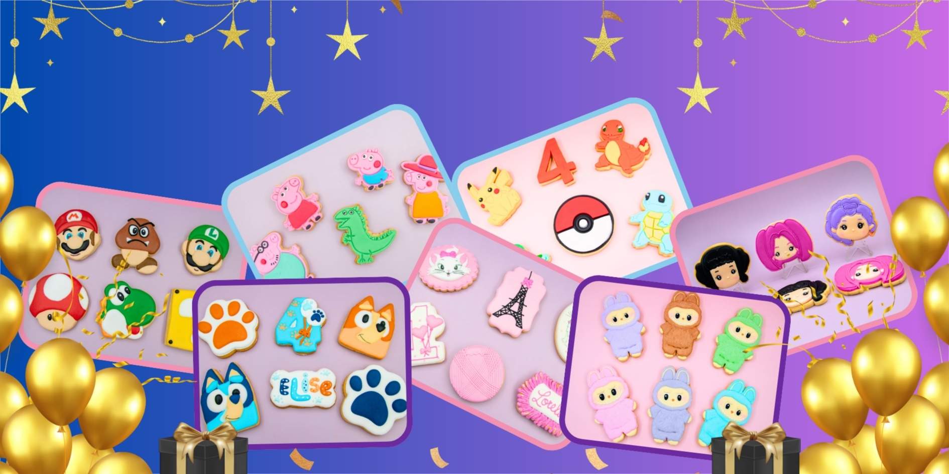 Delookies handmade birthday cookies banner featuring themed decorated cookie sets on a pastel background