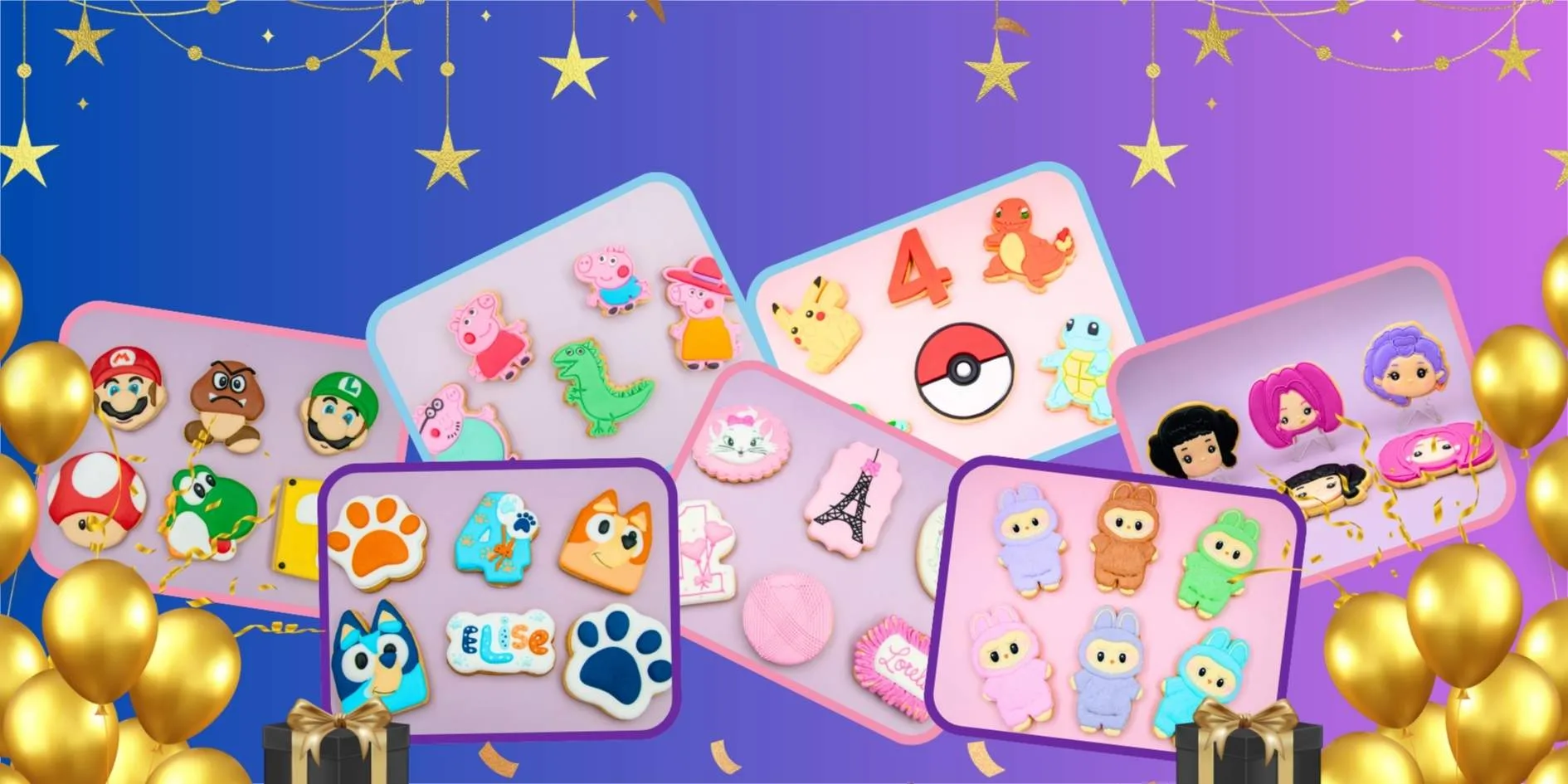 Delookies handmade birthday cookies banner featuring themed decorated cookie sets on a pastel background
