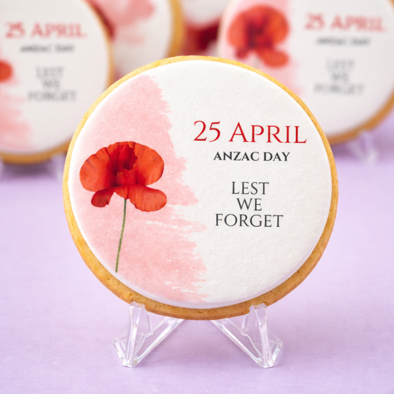 Close-up ANZAC Day Tribute Cookie with red poppy artwork and printed fondant detail