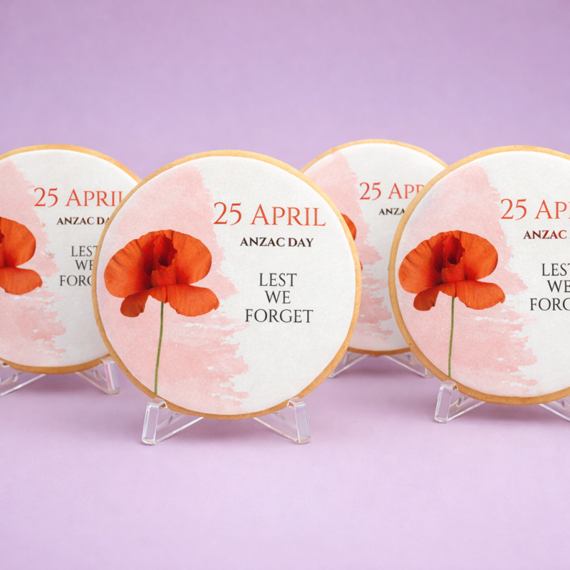 ANZAC Day Tribute Cookies standing vertically with consistent printed ANZAC design