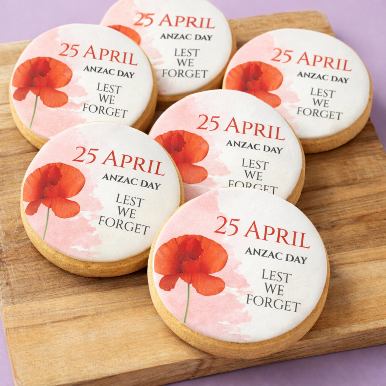 ANZAC Day Tribute Cookies styled with poppy printed fondant design and commemorative details
