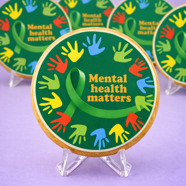Close up of Mental Health Awareness Cookie with green ribbon and colourful handprint edible print design