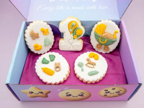 Baby Milestone Cookies packed in Delookies gift box for delivery across Australia