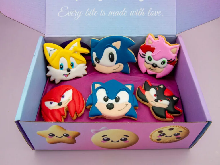 Sonic Birthday Character Cookies packed in Delookies gift box for birthdays and themed parties