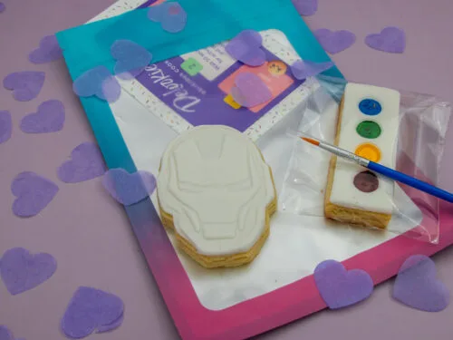Iron Man DIY cookie favour with edible paint palette and brush for kids superhero party activity