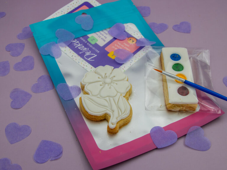 DIY blossom flower cookie favour with edible paint palette and brush for floral party activity