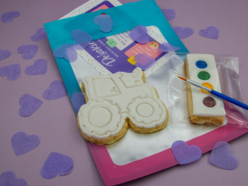 Farm tractor PYO cookie favour with edible paint palette and brush for kids farm party activity