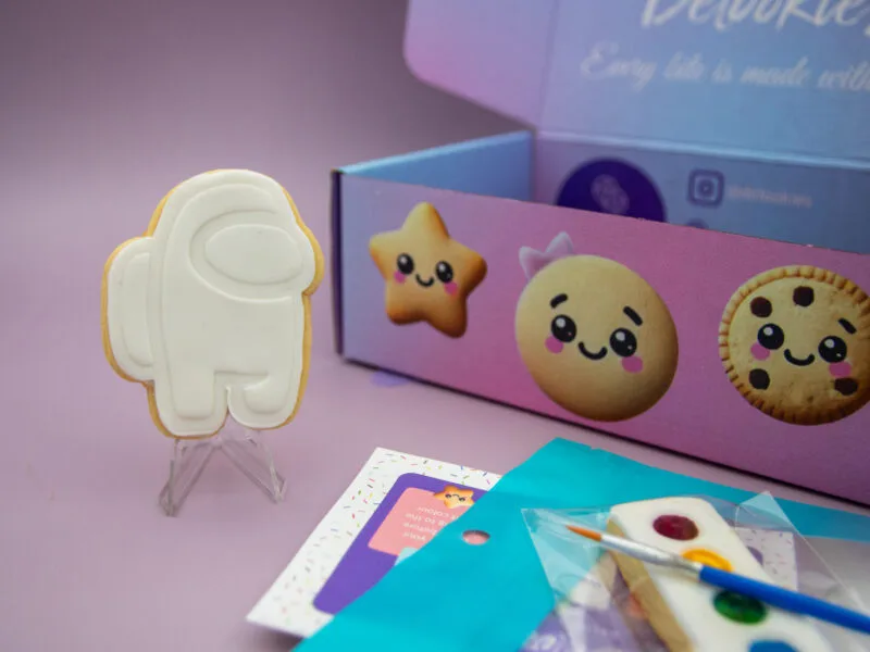 Among Us DIY cookie favour standing upright with edible painting kit for birthday party bags