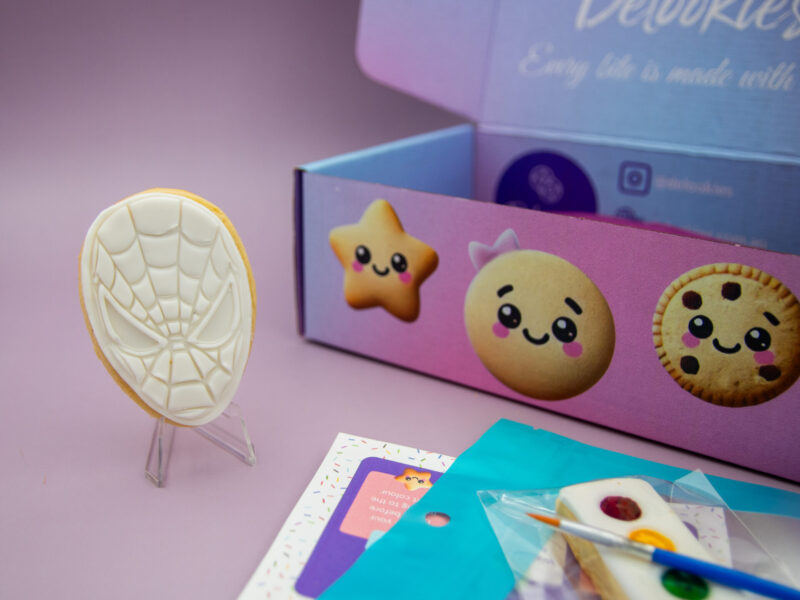 Spiderman web DIY cookie favour standing upright for superhero party activity