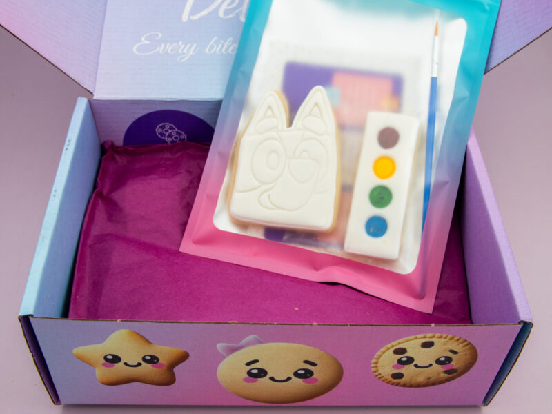 Bluey DIY cookie favour packed with palette, brush and guide card in heat sealed wrapper