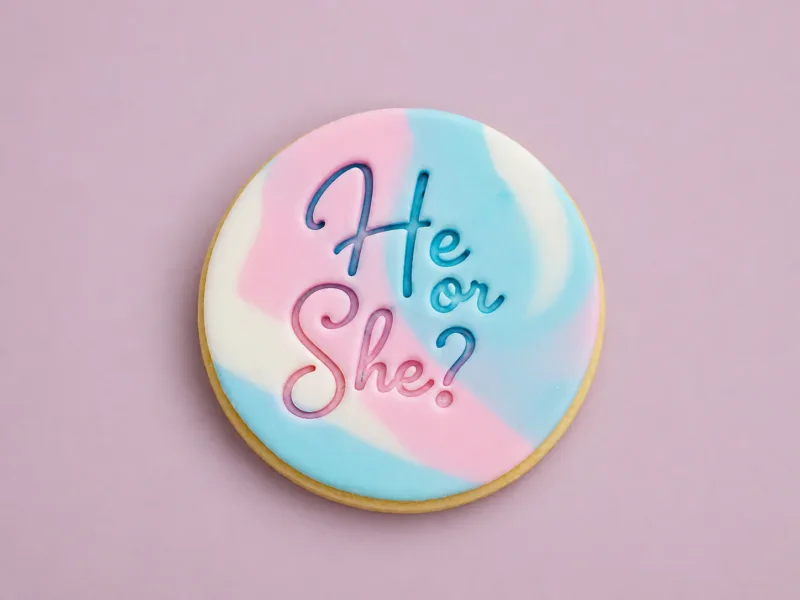 Flat lay marbled gender reveal cookies in pastel pink blue and white fondant