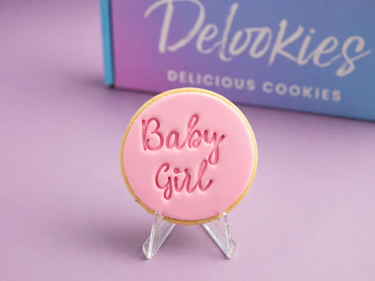 Close up baby girl cookie with embossed Baby Girl message on fondant