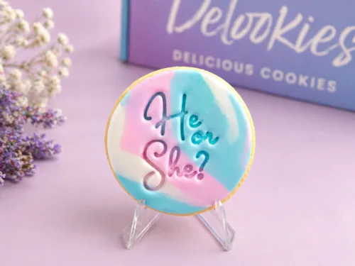 Marbled gender reveal cookies with pastel pink blue fondant and He or She message styled with