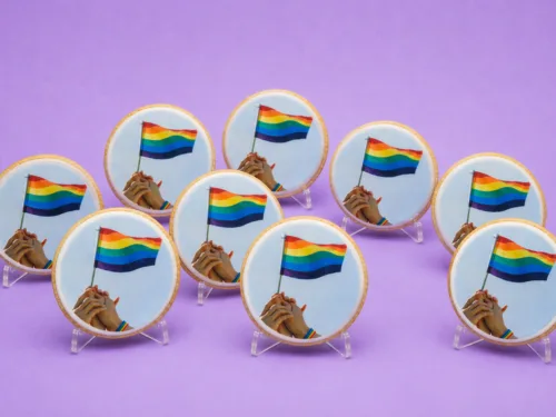 pride unity cookies standing upright showing rainbow flag design