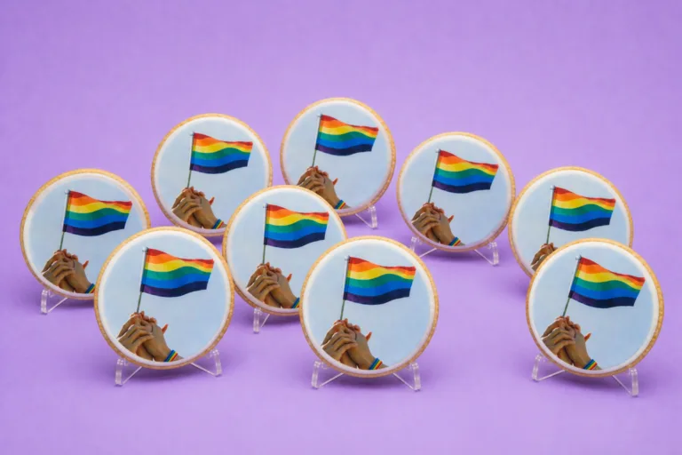 pride unity cookies standing upright showing rainbow flag design