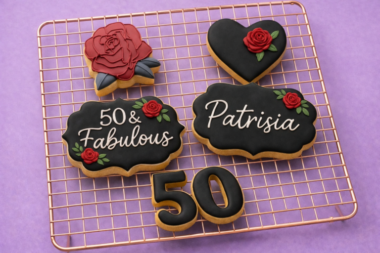 50 & Fabulous Rose Cookies styled product image with black royal icing birthday cookies and red rose details