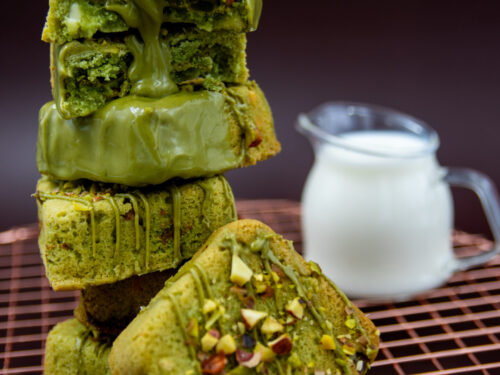 Stacked Pistachio Cream Cookie Cubes with melted pistachio filling