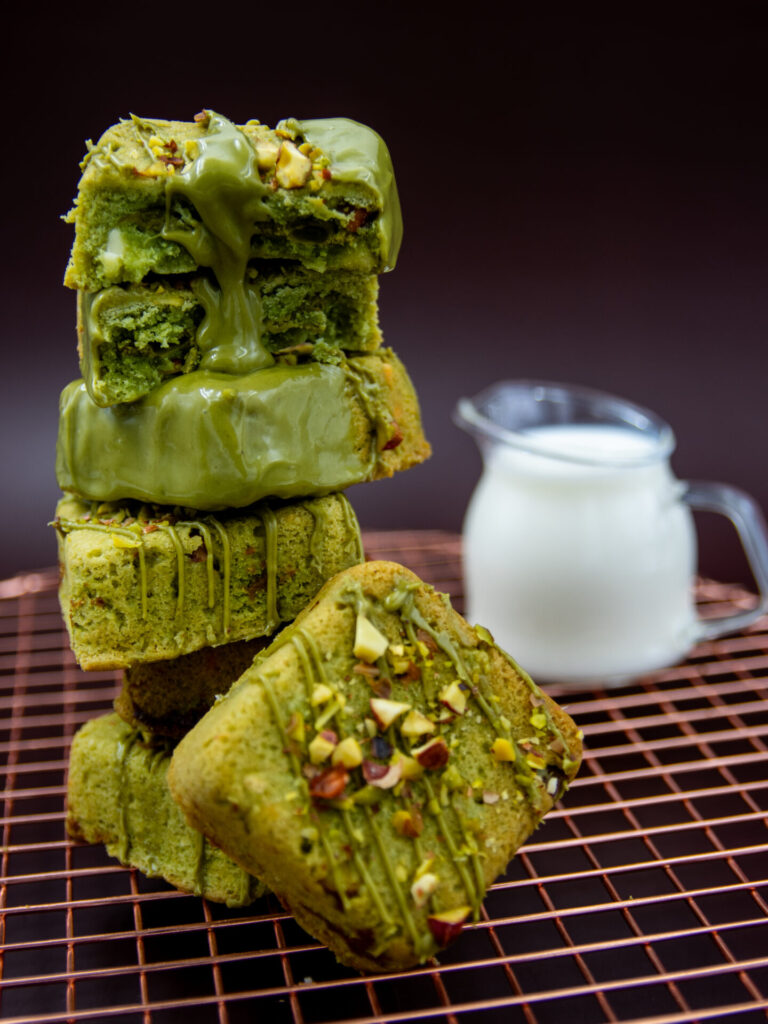 Stacked Pistachio Cream Cookie Cubes with melted pistachio filling