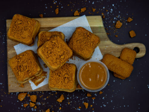 Top view of Biscoff Cream Cookie Cubes with Biscoff dessert dip