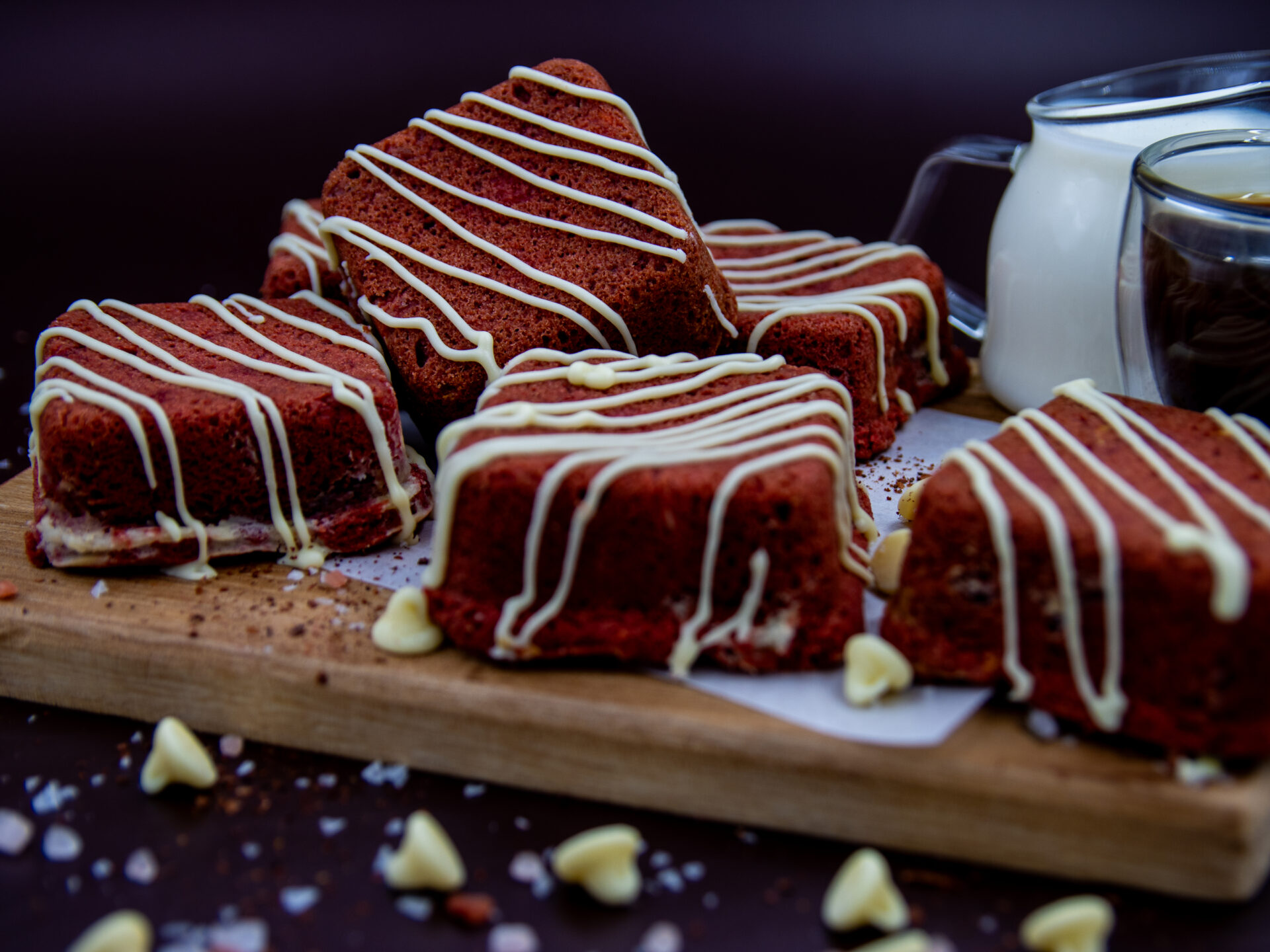 Red Velvet Cream Cookie Cubes served with White Choc Velvet dip on wooden board