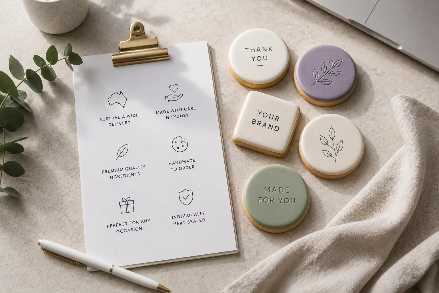 Corporate gifting cookies with premium workspace props and Delookies brand colours