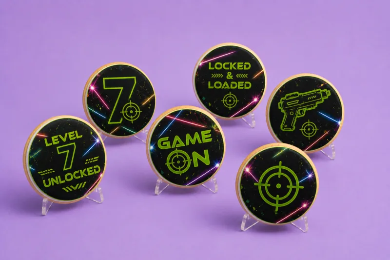 Level 7 Laser Tag Cookies standing upright with neon green laser tag targets, blaster and birthday designs