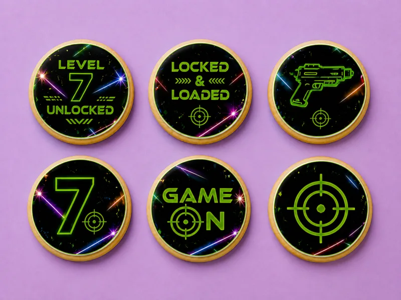Level 7 laser tag birthday cookies with neon green edible printed fondant designs on purple background