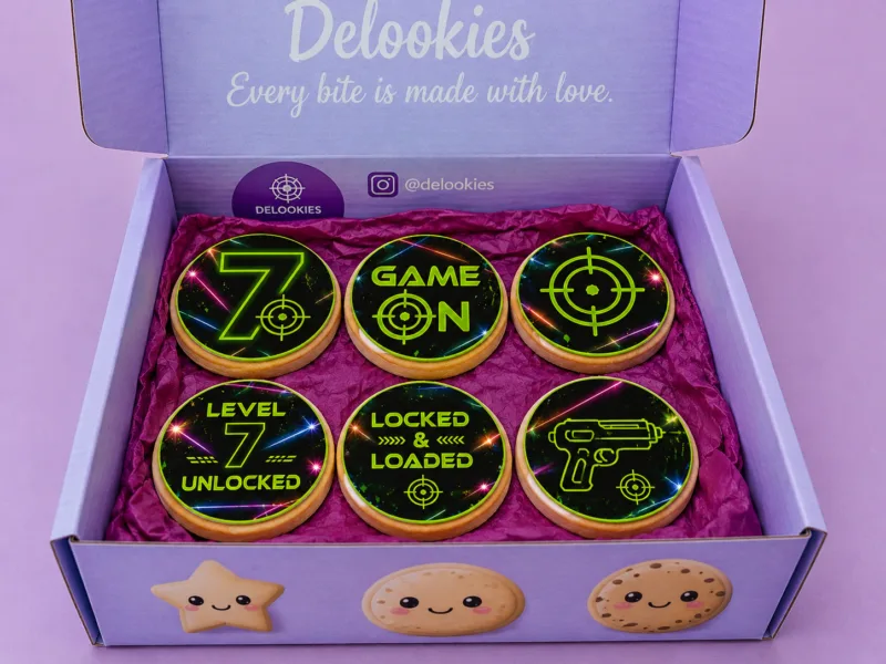 Level 7 Laser Tag Cookies packed in Delookies gift box with edible printed fondant birthday designs