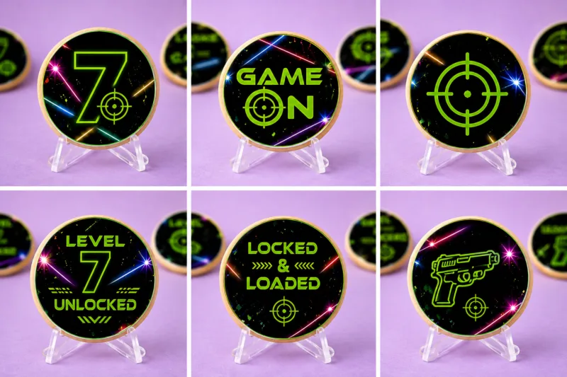 Level 7 Unlocked laser tag birthday cookie with neon green edible print and colourful laser effects